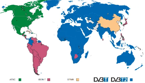 Figura 2.8 - Mapa dos países que adotaram o sistema DVB-T ou DVB-T2 para  implementação da TDT 