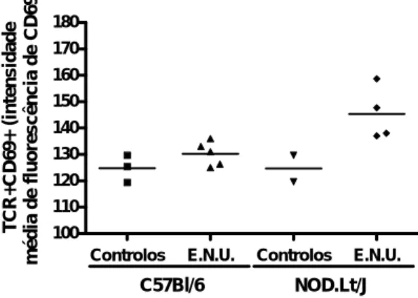 Figura 5- Intensidade média de fluorescência de CD69 de linfócitos T. Intensidade  média de fluorescência de CD69 em linfócitos T provenientes de gânglios linfáticos de  murganhos fêmea submetidos a suplementação oral ad libitum durante 2 semanas  com  ext