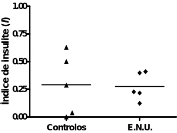 Figura 11-Índice de insulite. Índice de infiltração celular nos ilhéus de Langerhans  pancreáticos de fêmeas NOD.Lt/J com 9 semanas de idade após 2 semanas de  suplementação com E.N.U.) na água de bebida (diluição 1:30) (n=5) e respectivos  controlos (n=5)
