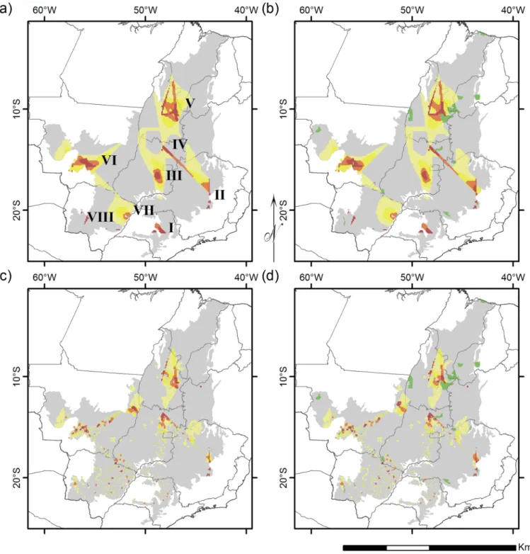 Fig 3. Priority regions for Cerrado squamate conservation. High priority regions for conserving endemic Squamates in the Cerrado, under four