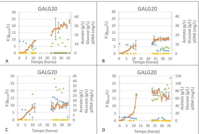 Figura 6 – Resultados experimentais em biorreactor operado em fed-batch com GALG20 com glucose como fonte primária de  carbono