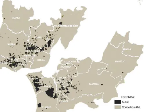 Fig. 01) Áreas Urbanas de Génese Ilegal na área metropolitana de Lisboa. Fonte: Raposo et al, 2010; Pag