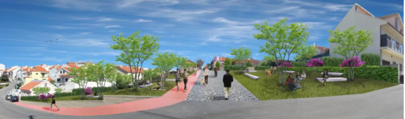 Fig.  11)  Fotomontagem  do  ambiente  proposto  para  um  dos  largos  e  rua  pedonal  do  projeto  urbano