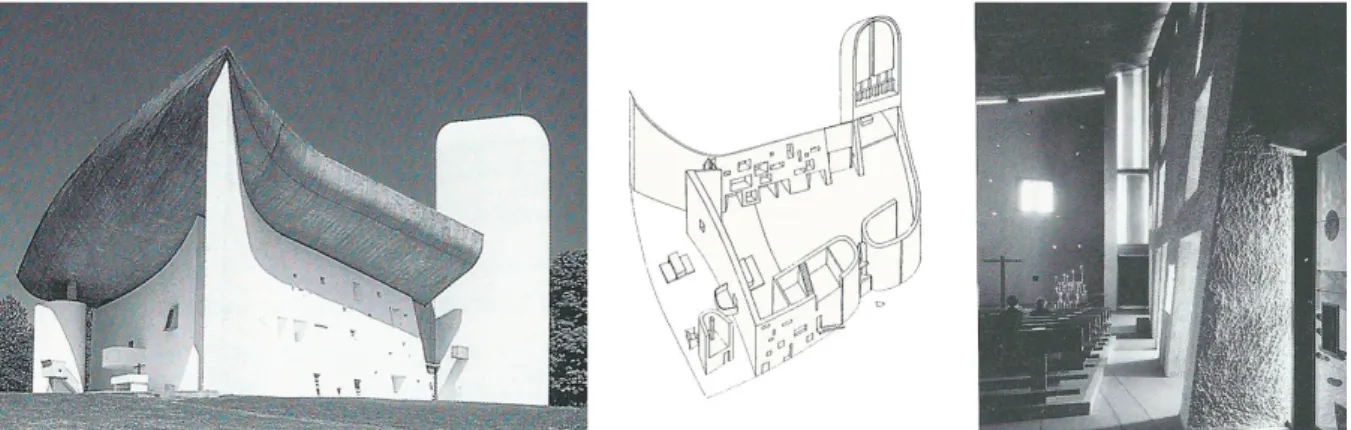 Fig. 12) Le Corbusier. Capela Notre Dame du Haut, Ronchamp, 1955  – Axonometria interior – Fonte: “Church Builders”; 