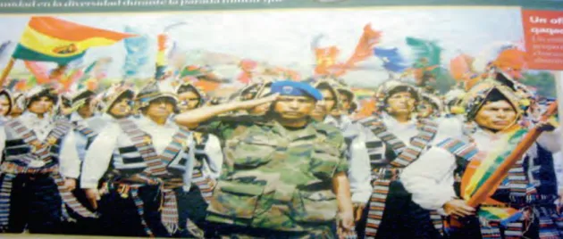 Foto  04  –  O  efetivo  das  Forças  Armadas  e  os  representantes  dos  povos  indígenas  em  demonstração de unidade em Santa Cruz de la Sierra