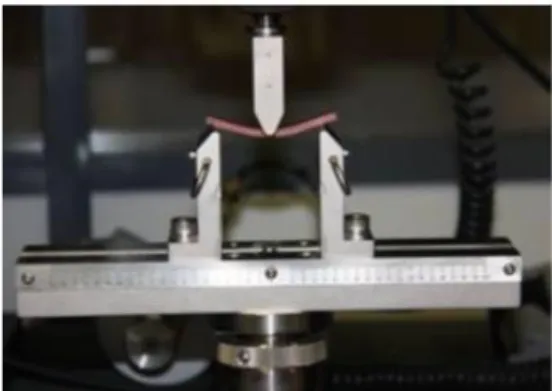 Figure 3.7 - Specimen submitted to 3 point loading flexural strength test in a  universal machine.