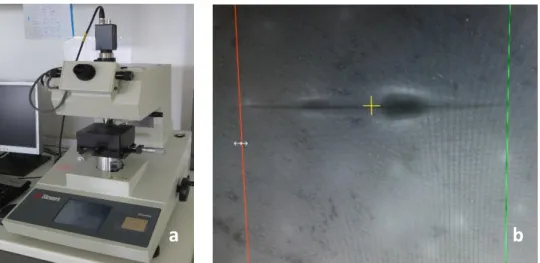 Figure 3.7 - a) microhardness machine (Duramin, Struers DK 2750, Balleruo, Denmark); b) Microscopic  image of a Knoop indention on an Ufi Gel Hard specimen 