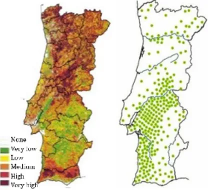 Figure  18:    Risk  of  fires  in  Portugal  vs  Location of Montados 