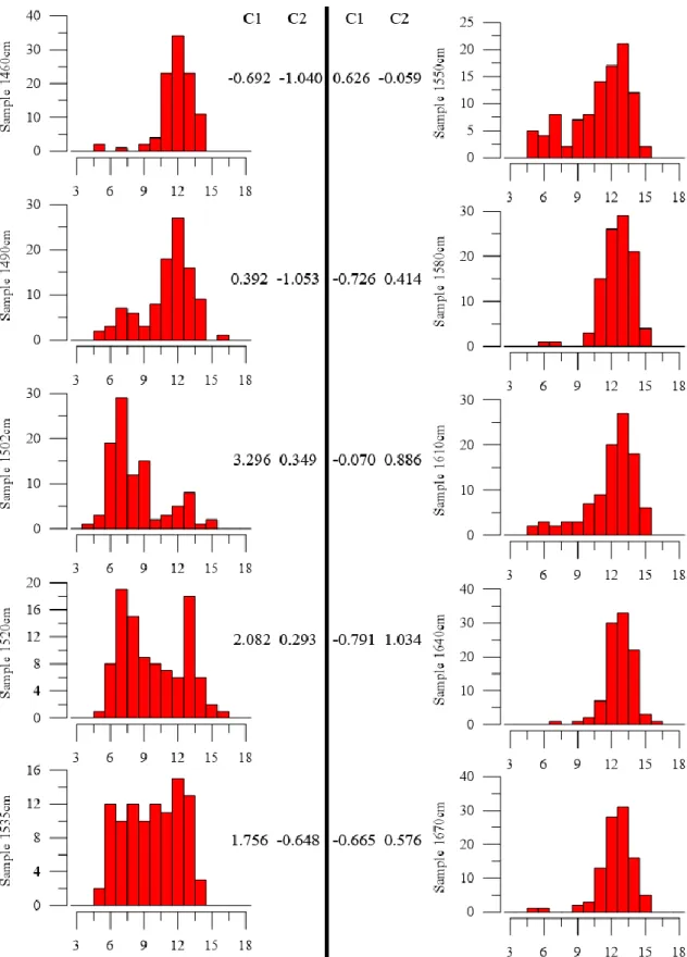 Figure 3.16 – Histograms from sample 1460cm to sample 1670cm and the respective C1 and C2 scores in NA matrix