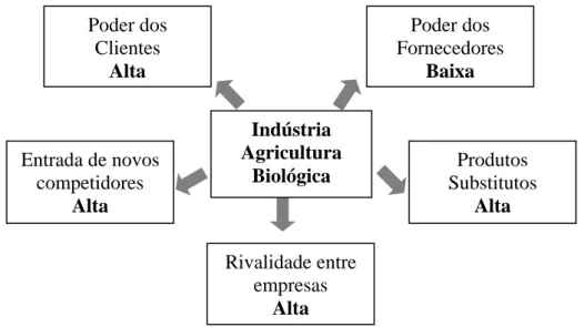 Figura 2 – 5 Forças de Porter Indústria Agricultura Biológica Poder dos Clientes Alta Entrada de novos competidores Alta Rivalidade entre empresas  Alta Produtos  Substitutos Alta Poder dos Fornecedores Baixa