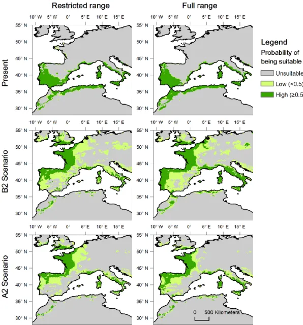 Figure 2.2. Climatically suitable areas for the cork oak as predicted by the restricted  range (left) and full range (right) models