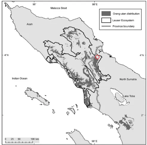 Fig. 2.1 Location of Sikundur Research Station (red circle), the Leuser Ecosystem and  the Sumatran orangutan (in map, orang-utan) distribution at North Sumatra, Indonesia