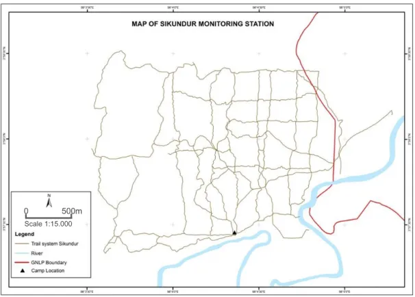 Fig. 2.2 Limits and trail network within Sikundur monitoring station. Map provided by M