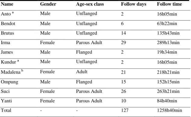 Table 3.1 - Description of Sikundur’s Orangutans, number of follow days and follow hours per individual