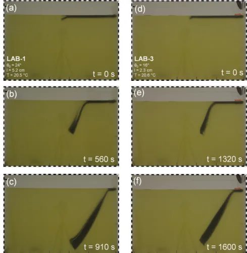 Figure 3. Laboratory side-view experiments photographs. The evolution of the slab is shown at three different moments in time: the first and last moments and one middle stage when the tip reaches y = 20 cm