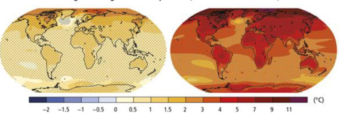 Figure 3.1 Global warming. Change in average surface temperature for 2081–2100 relative to 1986–2005 under the RCP2.6  (global  mean  increase  of  1.0ºC)  (left)  and  RCP8.5  (global  mean  increase  of  3.7ºC)  (right)
