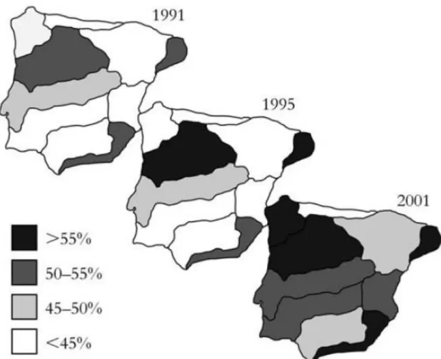 Figure 1.2 Variation of the percentage of introduced freshwater fish species in Iberian basins between 1991 and 2001