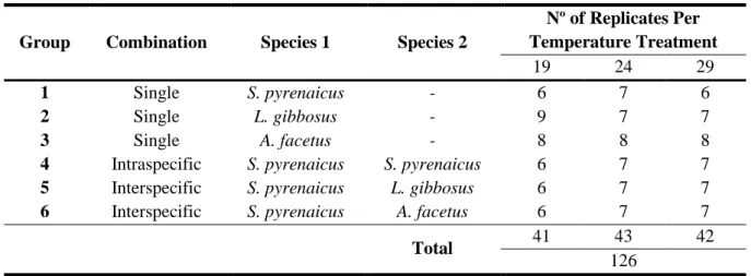 Table 2.2 Number of replicates of trials. Description of the species groups, temperature treatments, and number of replicates  used in feeding trails (species group x temperature treatment) 
