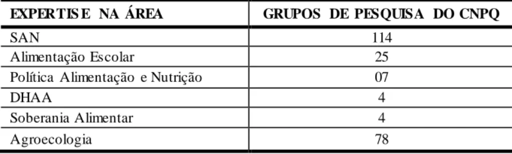Tabela 2. Grupos de Pesquisa em SAN cadastrados no CNPq. CONSEA,  2014. 