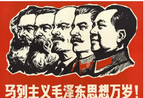 Figura 13. Autor Desconhecido.  Vida longa ao invencível pensamento marxista, leninista e de Mao  Zedong!   (马列主义毛泽东思想万岁！) ,  ( da  esquerda  para  a  direita:  Karl  Marx  (1818  -1883),  Friedrich  Engels  (1820-1895),  Lenin  (1870-1924)  e  Joseph  Sta