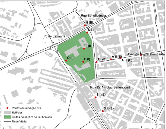 Tabela 4 – Designação e localização dos instrumentos dentro e fora do Jardim da Gulbenkian  T (I)  Interior do Jardim – Telhado do edifício principal 