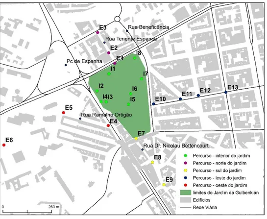 Figura 18 - Percursos das medições itinerantes no interior e no exterior do Jardim da Gulbenkian