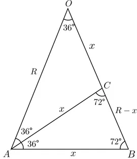Figura 2.6: Triângulo isósceles de base AB lado de um decágono regular.