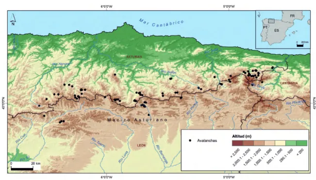 Figura 1. Mapa del Macizo Asturiano con la localización de las 126 avalanchas analizadas.