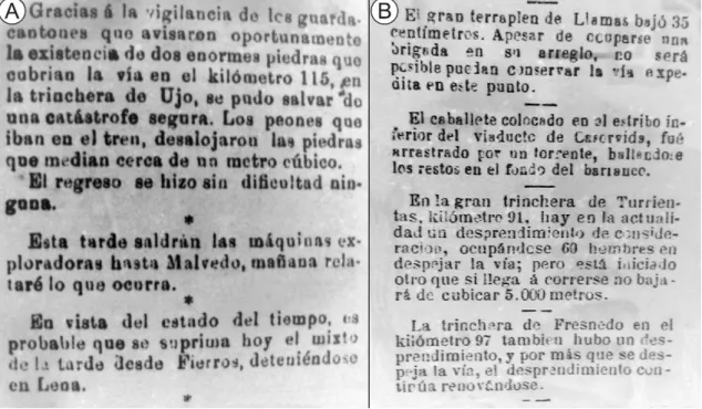 Figura 2. A modo de ejemplo, dos noticias publicadas por los diarios El Comercio, 26 de febrero  (a) y El Carbayón, 9 de marzo (b), durante los temporales de nieve de 1888 