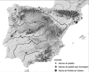 Fig. 7. Localización de los ejemplares de hachas de jadeíta (analiza- (analiza-das y posibles) conoci(analiza-das en la península Ibérica