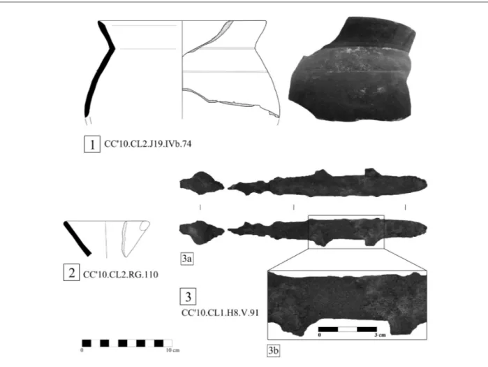 Figura 5. Materiales. 1: Fragmento de borde y cuerpo de una olla de cerámica gris catalana