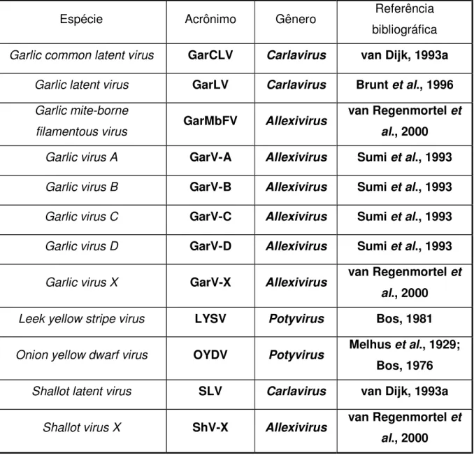 Tabela 1.1. Algumas espécies de vírus encontradas associadas a plantas de  alho (retirado de Melo Filho, 2003)