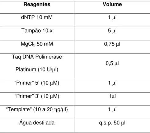 Tabela 2.1. Reagentes utilizados nas reações de PCR. 