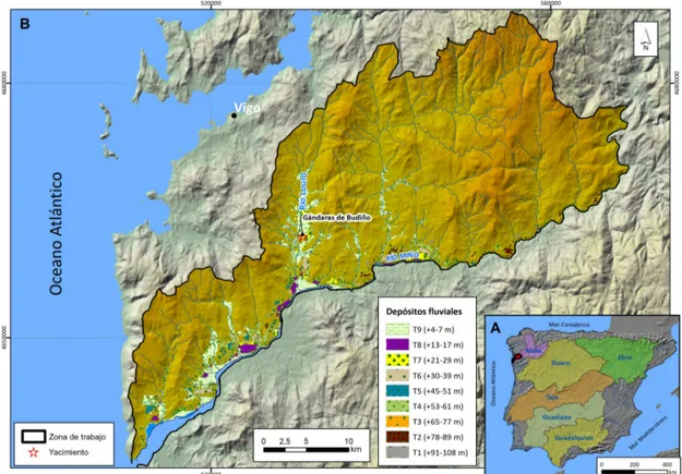 Fig. 1.  A) Localización del sector español de la cuenca baja del río Miño en la Península Ibérica; B) Situación concreta del  yacimiento