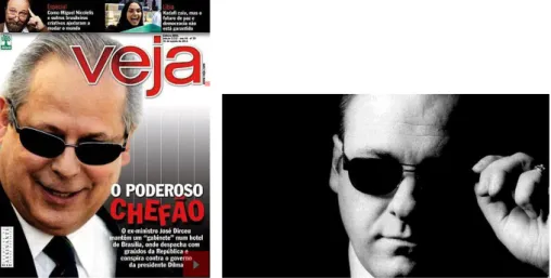Figura 1: José Dirceu e Tony Soprano: o destaque é o mesmo modelo de óculos, que remete ao  poder 