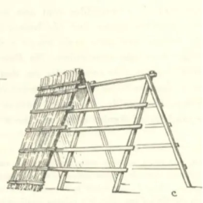 Fig. 41 Esquema da construção de abrigo,  utilizando madeira para a estrutura e palha para  o revestimento exterior; (Oliveira, et al., 1969 p