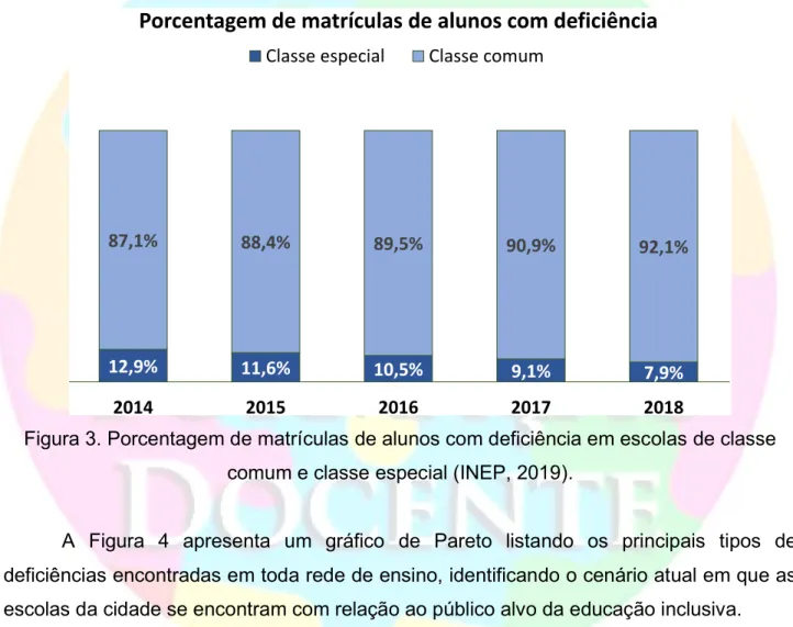 Figura 3. Porcentagem de matrículas de alunos com deficiência em escolas de classe  comum e classe especial (INEP, 2019)