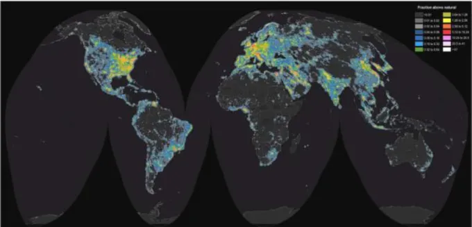 Fig. 3.1. World map of artificial sky brightness. The map shows, in twofold increasing steps,  the artificial sky brightness as a ratio to the natural sky brightness (assumed to be 174  mcd/m2)