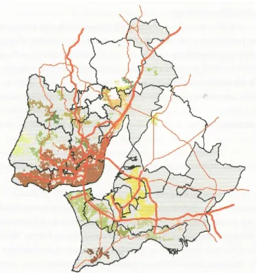 Figura 9: Área Metropolitana de Lisboa – vias e construído. Fonte: Portas et al (2003) 