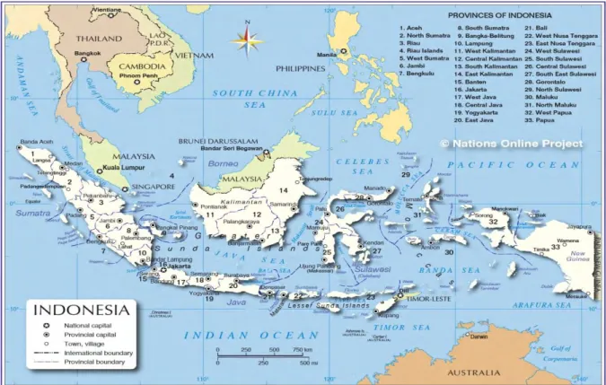 Figure 1. Administrative Map of Indonesia (Source: Nations Project Online  http://www.nationsonline.org/oneworld/map/indonesia_admin_map.htm) 