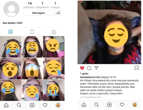 Figura 13 e 14 Álbum de emoções num perfil de Instagram e exemplo de legenda que  acompanha as selfies, respetivamente   