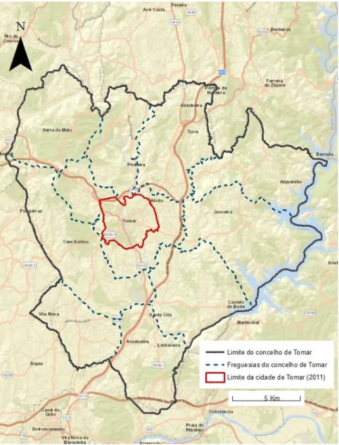 Figura 2 – Limites do concelho de Tomar, das freguesias e da cidade.