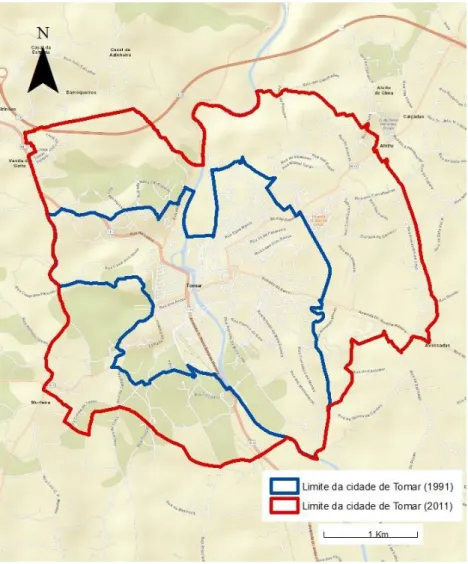 Figura 5 – Limites da cidade de Tomar nos anos de 1991 e 2011.