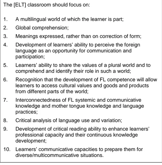 Figure 2:  Foreign language learning objectives proposed by the  PCNs (summary taken from Bohn, 2003: 167)