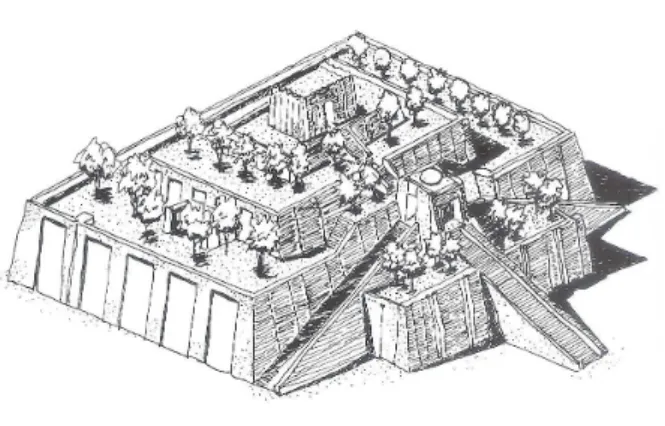 Fig. 1 – Desenho do zigurate de Ur, a primeira  referência de plantação de zonas verdes sobre  cobertura