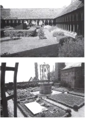 Fig. 5 e 6 – Claustro do Mont-Saint- Mont-Saint-Michel (em cima); Pequeno jardim sobre  cobertura num dos terraços do mosteiro  (em baixo)
