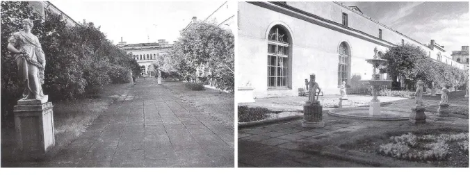 Fig. 11 e 12 – Jardim na cobertura do Hermitage, percurso com árvores e estátuas de ambos os  lados (à esquerda); Vista da galeria do Museu para a fonte no centro do jardim barroco (á direita)