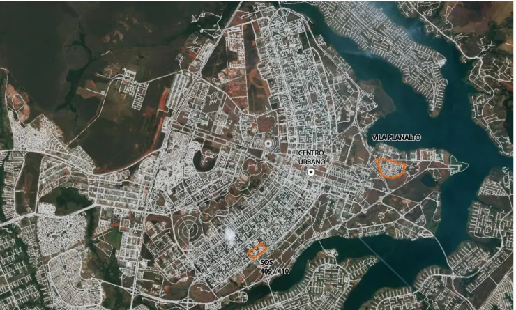 Figura 6- Imagem aérea do Plano piloto indicando a malha viária, o centro urbano e os estudos de caso estudados