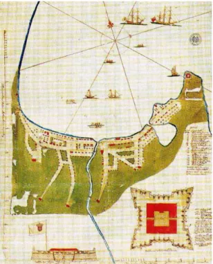 Figura 01: Planta da Baía Ana Chaves, compreendendo a planta  da cidade de S. Tomé e a perspetiva e planta da fortaleza de S