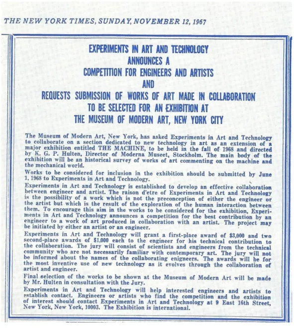 Fig. 29 - Anúncio da seleção de trabalhos realizada pelo E.A.T. para posterior participação na  exposição The Machine as Seen at the End of the Mechanical Age, (MoMA/ NY, 1968)  Fonte: Catálogo da Exposição The Machine as Seen at the End of the Mechanical 